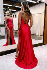 Satin Spaghetti Straps Prom Dresses With Slit, Party Dresses